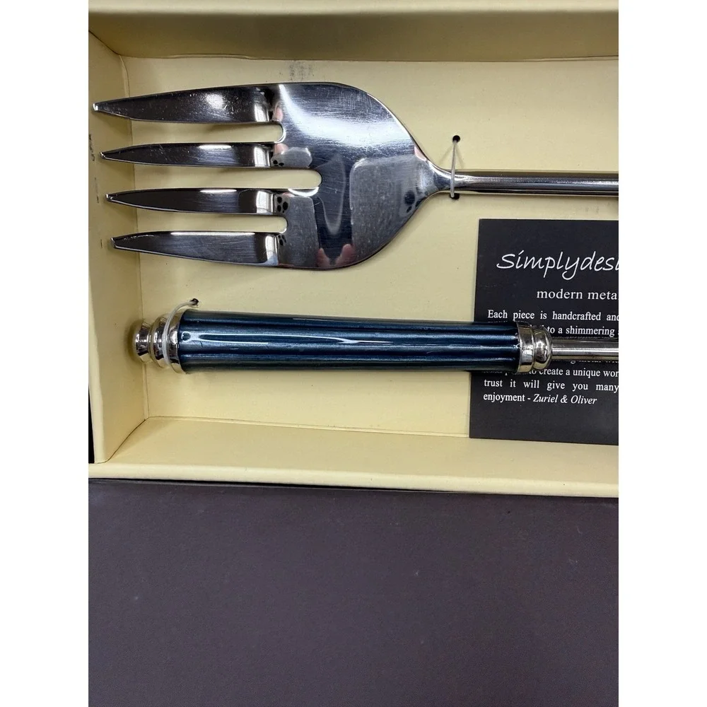 SIMPLYDESIGNZ Metal Works‎ SPICE BLUE Spoon Fork Salad Serving Set Meenakari NEW